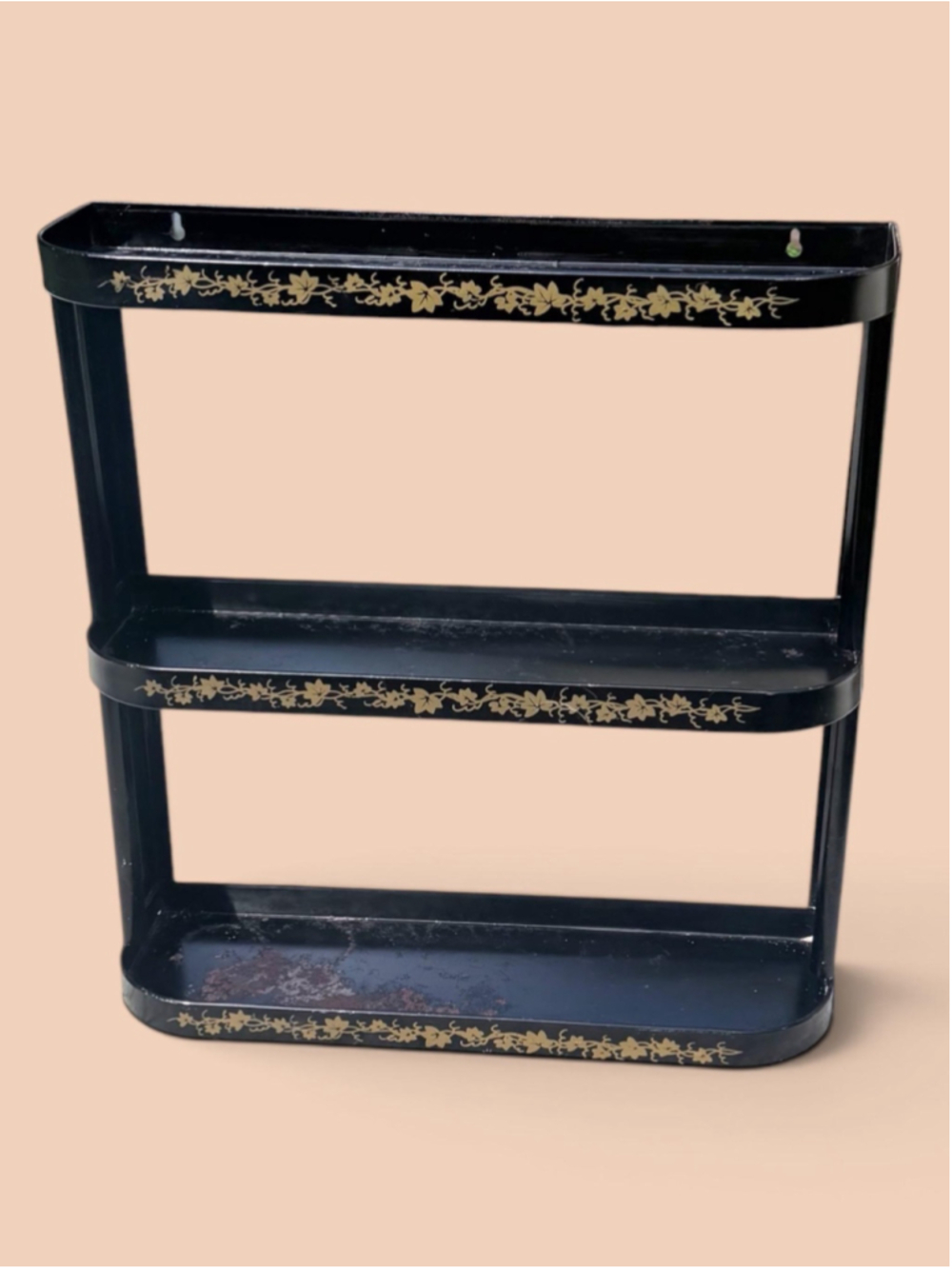 Vintage Black Metal Wall Shelf 3 Tier Gold Ivy Spice Rack Chippy Patina Cottage - Picture 3 of 10
